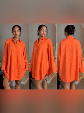 Vibrant Orange Longline Button-Up Shirt